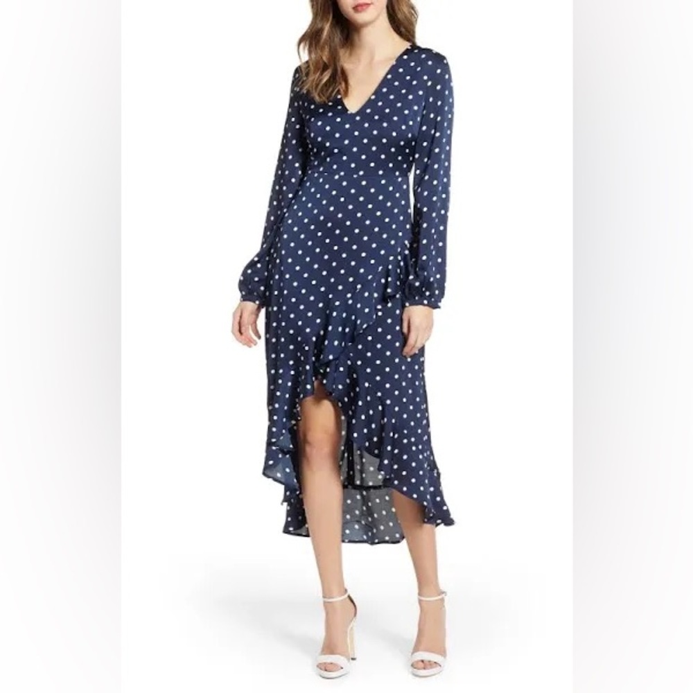 Endless Rose Navy Polka Dot Long Sleeve Ruffle High Low Midi Dress Elegant Flowy